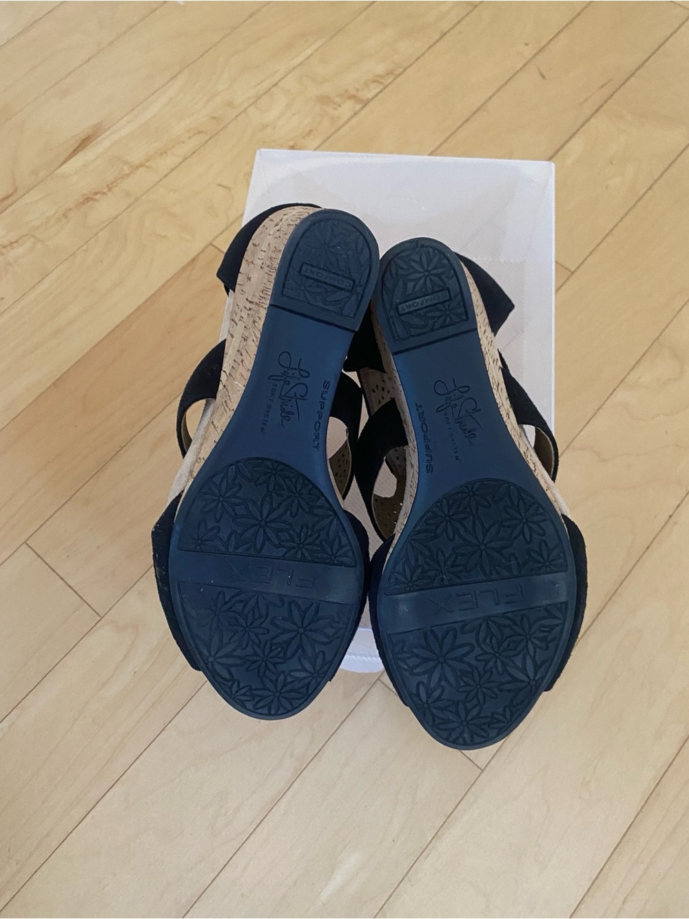 Life Stride Black Laser-Cut Cork Wedge Sandals - Picture 6 of 8